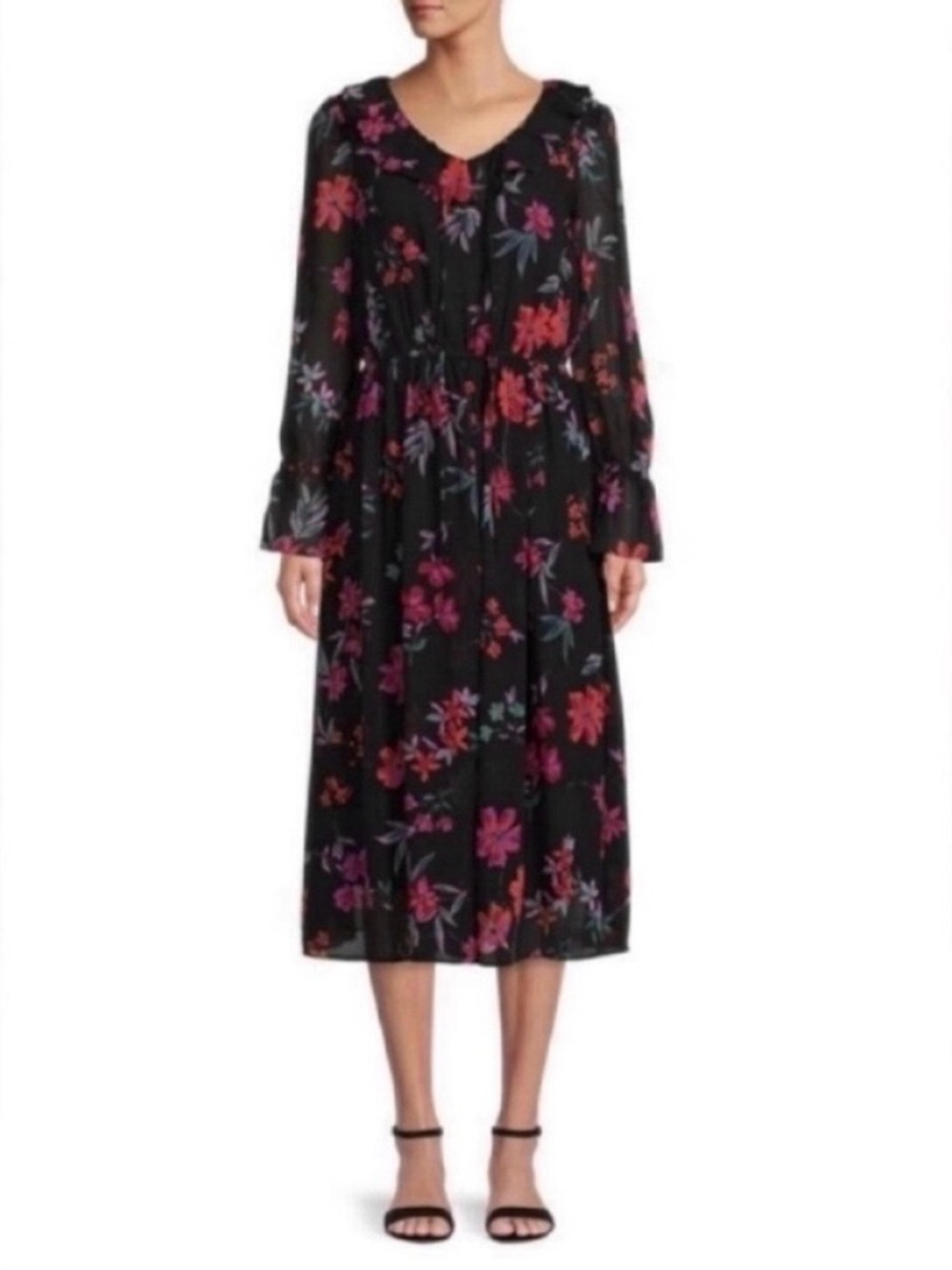 💐NWT! CALVIN KLEIN Black, Red, Green, Pink Floral Fit & Flare Midi Dress -Size 6